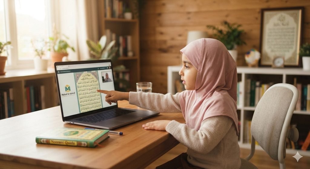How to Learn Quran Online: A Complete Guide for Parents and Students Muslim child and parent learning to read the Quran together during a one-to-one online class
